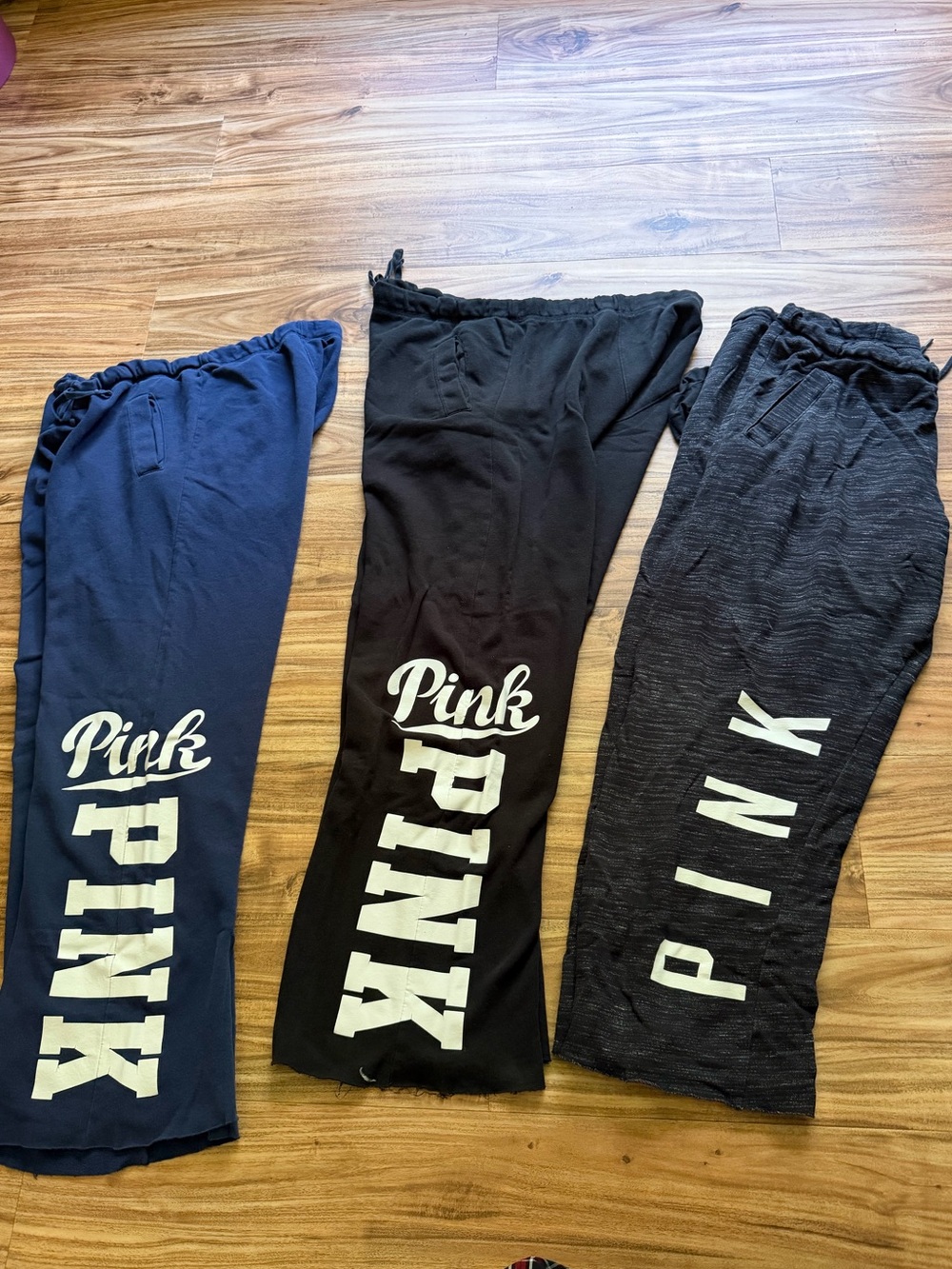 PINK Victoria's Secret woman’s Sweatpants Trio - Navy, Black, Charcoal Sz L